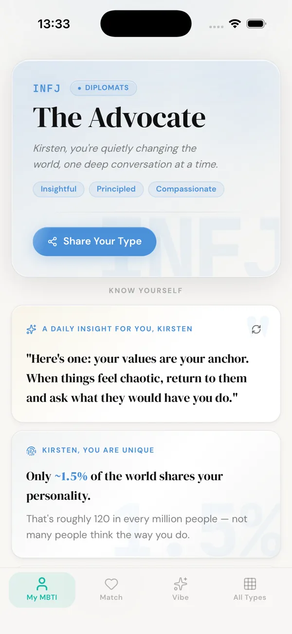 MBTI Lens personality profile — INFJ The Advocate with daily insights