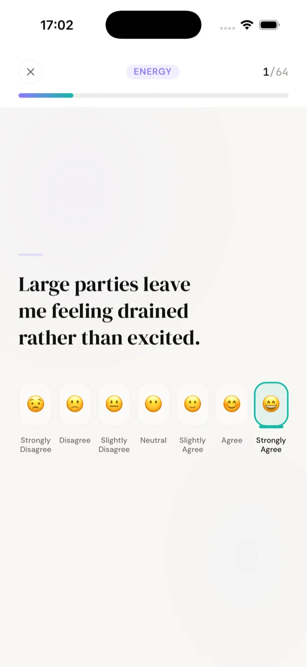 MBTI Lens personality test — answer 64 questions with emoji reactions