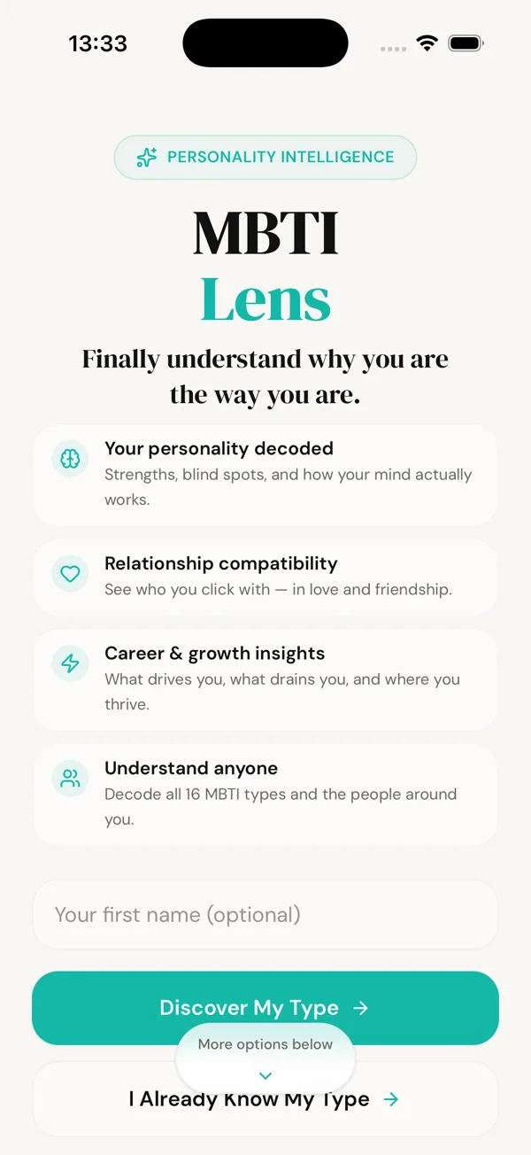 MBTI Lens welcome screen — start your free personality test